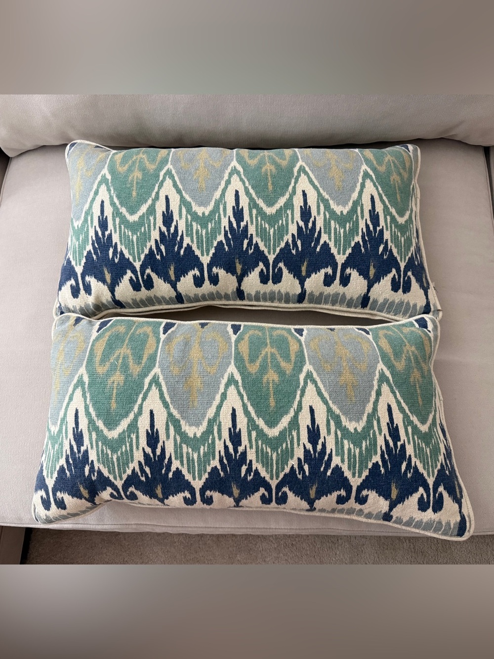 (2) Feather Filled Lumbar Pillow Whole Duck Feathers Ikat Blue & Turquoise 14x27